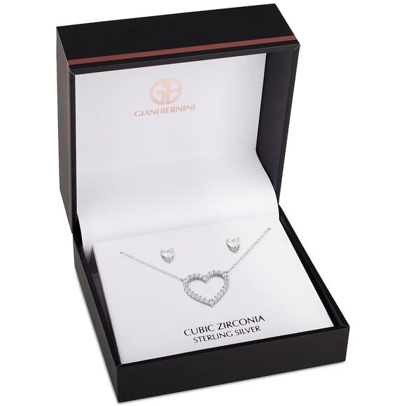 Giani Bernini 2 Pc CZ Heart Pendant Necklace & Stud Earrings Sterling Silver NEW - Picture 2 of 10